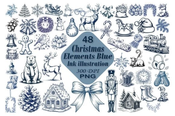 Blue Ink Christmas Elements Clipart: A Vintage Twist for Modern Holiday Creativity