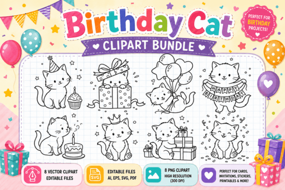Celebrate in Purr-fect Style with the Birthday Cat Clipart Bundle