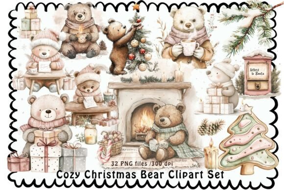 Cozy Christmas Bear Clipart Set