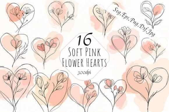 Pink Line Art Flower Hearts SVG Clipart