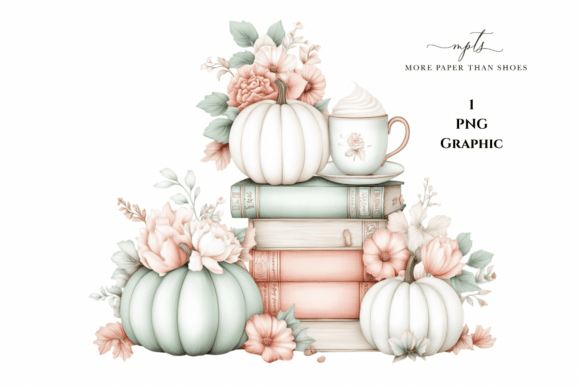Shabby Chic Stacked Books & Pumpkins