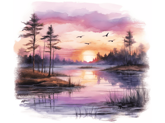 Watercolor Lake Sunset: Elevate Your Design