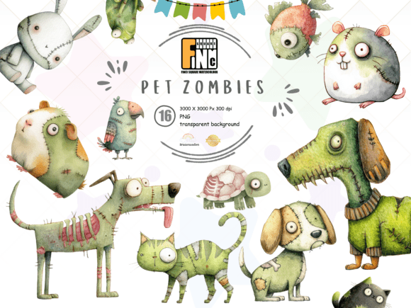 Zombie Pets Clipart PNG Cute Halloween: A Spooky-Cute Digital Collection
